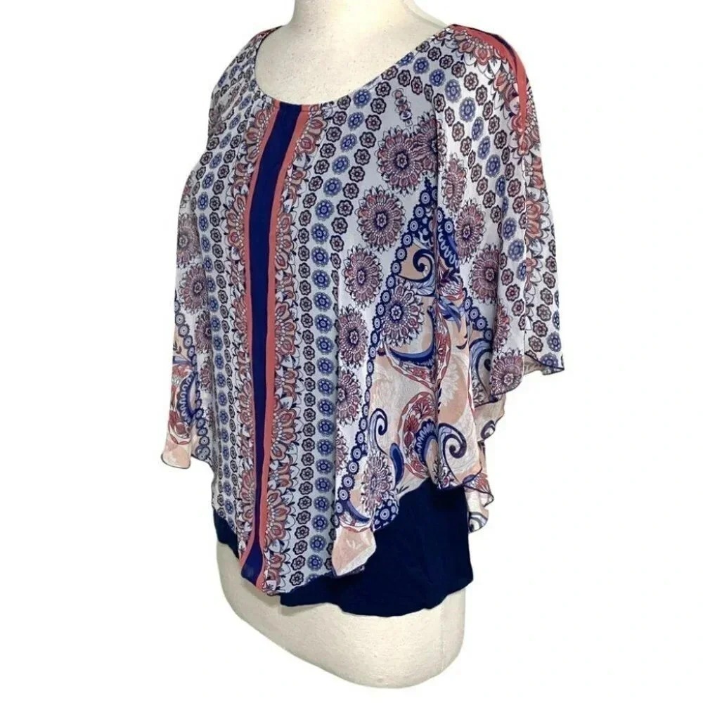 AB Studio S‎ Boho blue paisley print sheer poncho over tank top